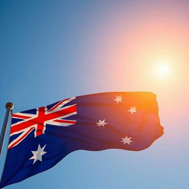 The Australian flag flying against a sunlit sky.