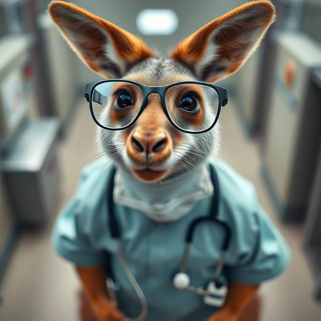 A kangaroo with glasses wearing surgical fatigues.