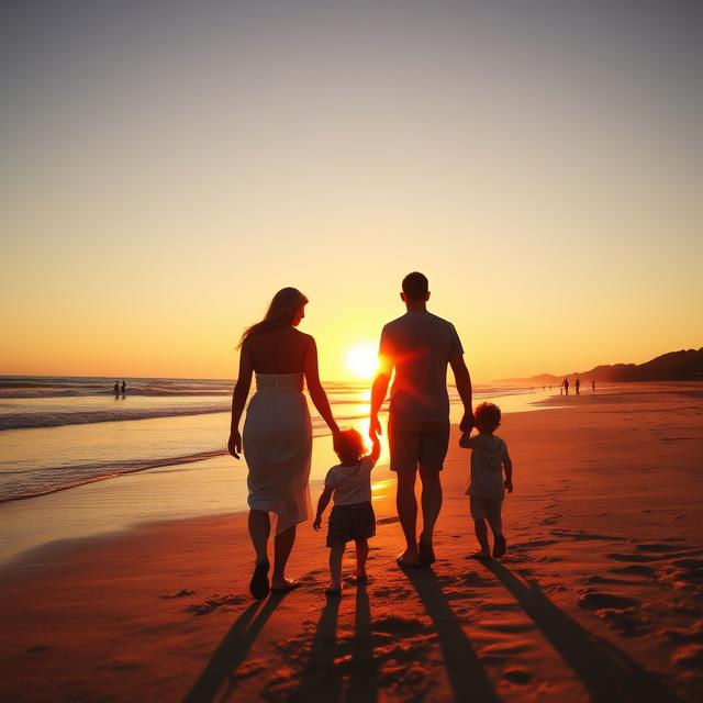 A family of three backlit on a sunset beach.