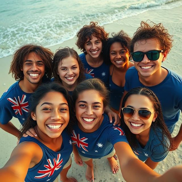 A group of teenagers with big smiles wearing Australian flag t-shirts taking a happy selfie on a golden hour beach.